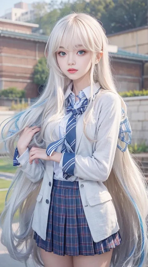 1 girl, Super long hair, Beautiful and cute 20 year old beautiful girl、Beautiful bangs、Very beautiful face、bright expression、Beautiful blue eyes, Bright and dazzling platinum blonde、Long straight hair、Eyebrows behind bangs、student clothes、School Uniforms、t...