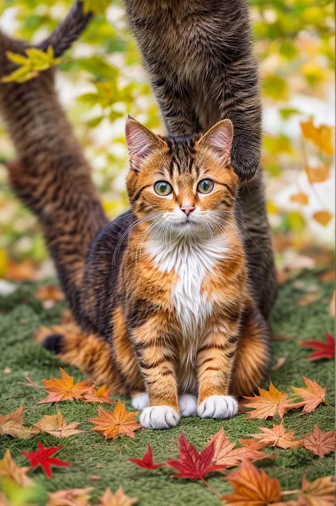 Create a realistic image of a cat sitting among the fallen leaves. The cat is a fluffy calico cat with a characteristic orange color, Black, and white spots. Its big, With expressive green eyes、I gaze curiously at the fluttering red maple leaves. The setti...