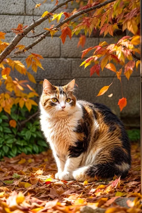 Create a realistic image of a cat sitting among the fallen leaves. The cat is a fluffy calico cat with a characteristic orange color, Black, and white spots. Its big, With expressive green eyes、I gaze curiously at the fluttering red maple leaves. The setti...