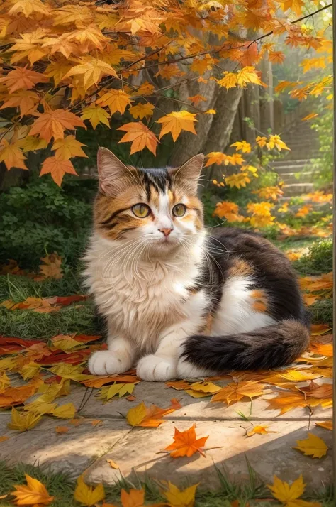 Create a realistic image of a cat sitting among the fallen leaves. The cat is a fluffy calico cat with a characteristic orange color, Black, and white spots. Its big, With expressive green eyes、I gaze curiously at the fluttering red maple leaves. The setti...