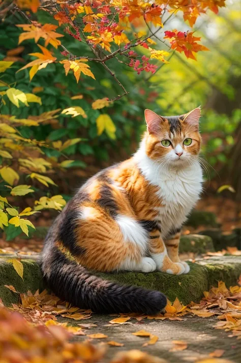 Create a realistic image of a cat sitting among the fallen leaves. The cat is a fluffy calico cat with a characteristic orange color, Black, and white spots. Its big, With expressive green eyes、I gaze curiously at the fluttering red maple leaves. The setti...