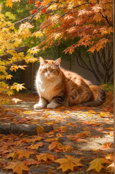 Create a realistic image of a cat sitting among the fallen leaves. The cat is a fluffy cat with a characteristic orange color, Black, and white spots. Its big, With expressive green eyes、Staring curiously at the fluttering red maple leaves. The setting is ...