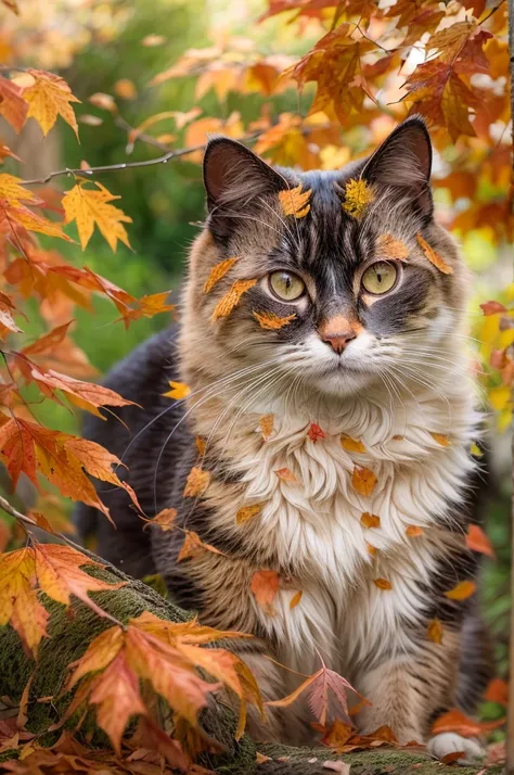 Create a realistic image of a cat sitting among the fallen leaves. The cat is a fluffy cat with a characteristic orange color, Black, and white spots. Its big, With expressive green eyes、I gaze curiously at the fluttering red maple leaves. The setting is a...