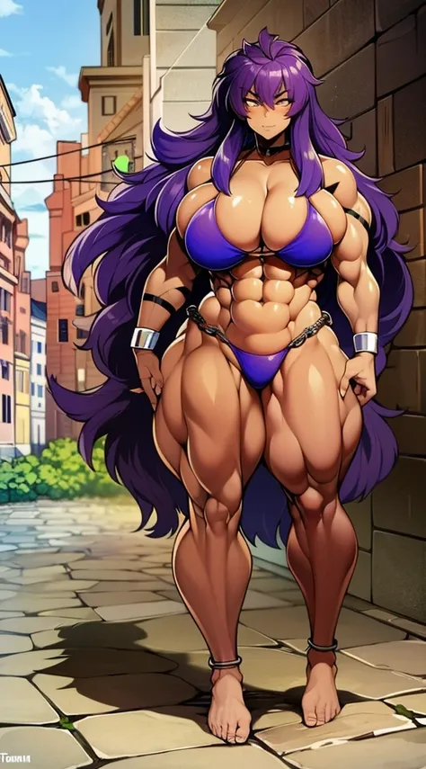 bikini, muscle girl, huge breast, long hair, tomboy, chains, medieval city, full body,feet