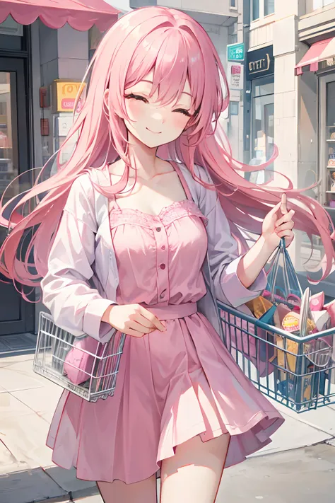 smiling close eyes pink hair girl with a shopping basket