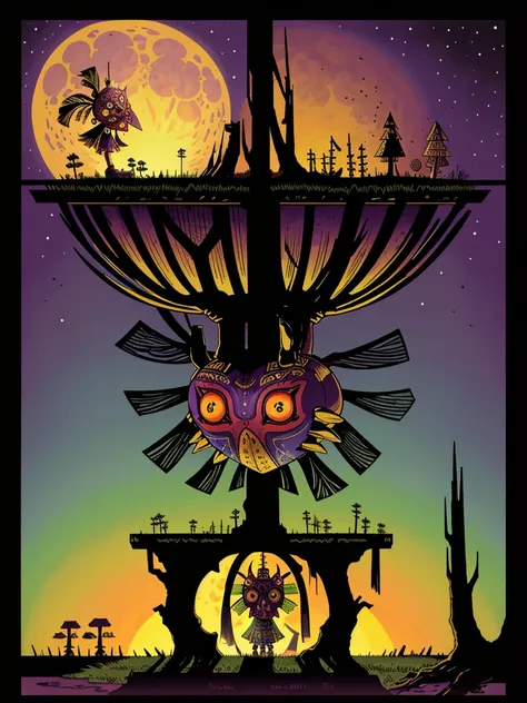 a detailed landscape of the legend of zelda majoras mask, (skull kid), a detailed giant moon falling, landscape, masterpiece, be...