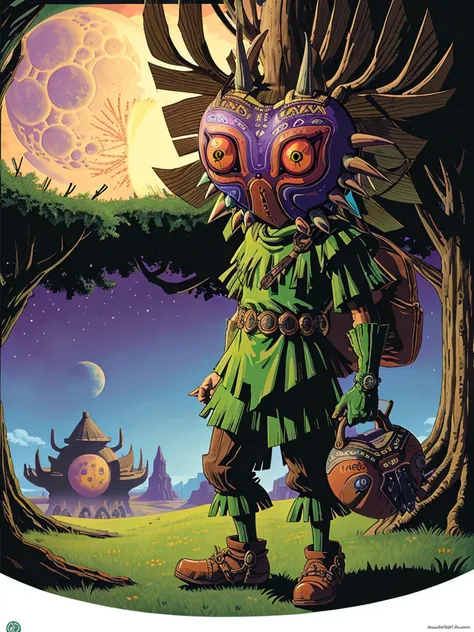 a detailed landscape of the legend of zelda majoras mask, (skull kid), a detailed giant moon falling, landscape, masterpiece, be...