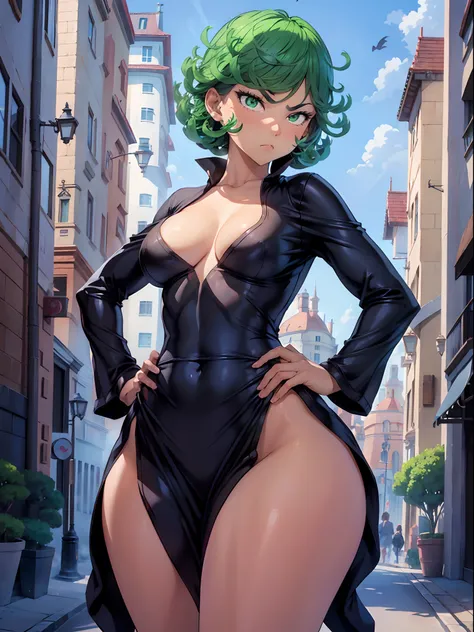 1girl, short green hair, green eyes, ((black dress, standing, hands on hips, angry face, gift in hand, looking away, in a street)), curvy figure, overlooking city, blush, day 

BREAK 

(((Masterpiece))), ((Highly detailed character)), ((perfect eyes)), ((p...