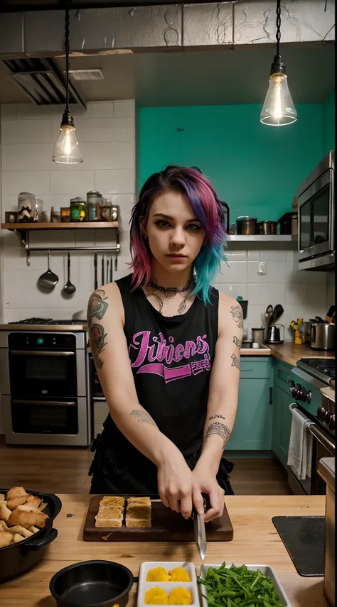 A girl and a boy cooking together in the kitchen, back to back, looking at the camera with intense expressions. They are wearing punk-style clothes and have colorful hair, such as neon green and bright pink. The girl has beautiful detailed eyes with long e...