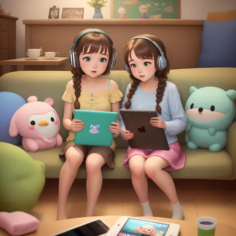 disney pixar style. young girl with short brown hair in two braids. she has green eyes. sitting with squishmallows all around her playing on her tablet with headphones on