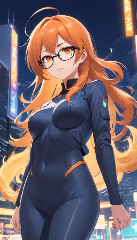 ​masterpiece、top-quality、Movie stills、1 female、Orange hair、Colossal tits、Huge ass、Fitting black leggings suit、yellow  eyes、thick thighs、Long wavy hair、wide hips、Thigh muscles、Strong thighs、suits 、(Spark:0.7)，eye glasses