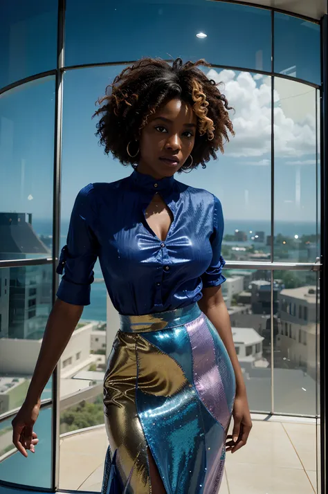 Fish eye view of aerial angle shot of a Beautiful black woman with coloured curly hair and dressed in African designed high fashion  clothes, standing in a high fashion model pose in a transparent glass sphere, light bouncing in the glass sphere providing ...