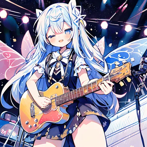 （Braids：1.3）、（Wearing fairy wings made of lace：1.5）、、stage、drum、Guitar、bass、ighly detailed、A smile、(PastelColors:1.2)、(Cute illustration:1.2)、(watercolor paiting:0.9)、(1girl in:1.0)、