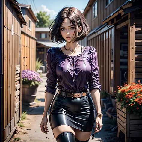 highest quality, high resolution, looking at viewer, ((1 woman)), with chin length hair, short hair, dark bob cut, thick hair, c...