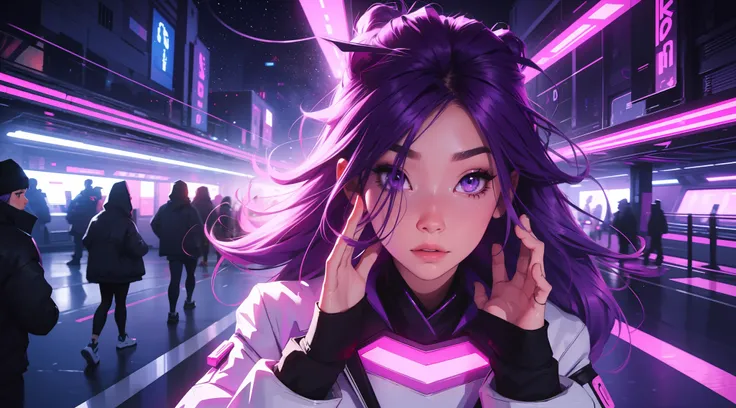 Science-fiction, Purple Hair, Pink Eyes, futuristic, Passing night landscape, A beautiful technician girl with, UHD Portrait, (High quality) (ultra details) Looking at the viewer in hip-hop style streetwear; different, colorfull, long hair, no hands.