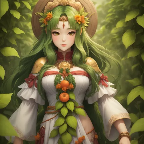 Goddess of the harvest. Green skin tone. Shrouded in plants. Anime style