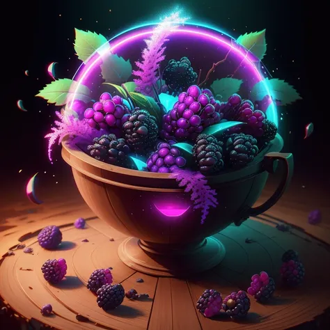 retrowavetech ,scifi, virtual, vaporwave , oak leaves , poisonous 
bowl of blackberries