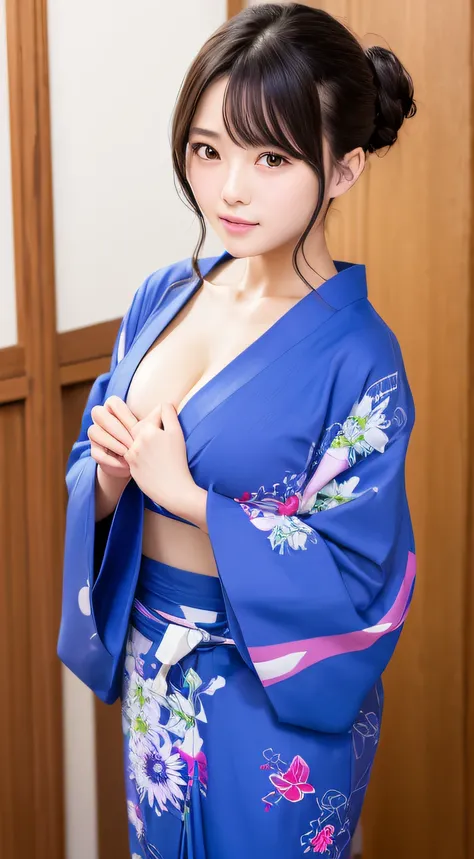 top-quality、​masterpiece、ultra res、a beauty girl、cute girl face、Onsen inn、Wearing a yukata、full bodyesbian、Famous actresses of Japan、very beautiful face、chest、A sexy