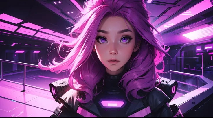 Science-fiction, pink Hair, purple Eyes, futuristic, Passing night landscape, A beautiful technician girl with, UHD Portrait, (High quality) (ultra details) Looking at the viewer in hip-hop style streetwear; different, colorfull, long hair, no hands.