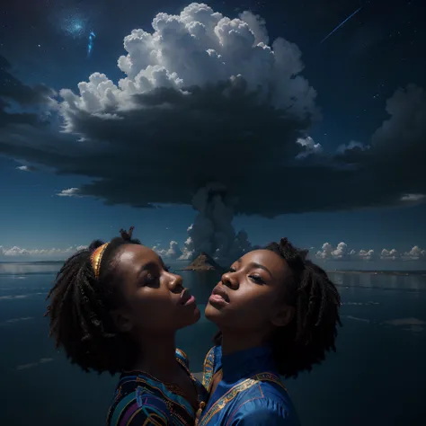 Beautiful black babies dressed in African 
designed clothes,  floating in the sky ,among the clouds reflected by lights of colours of blue and velvet, abstract art, blue and velvet layers of colour in the background,  surrealism, cinematic lighting, artger...