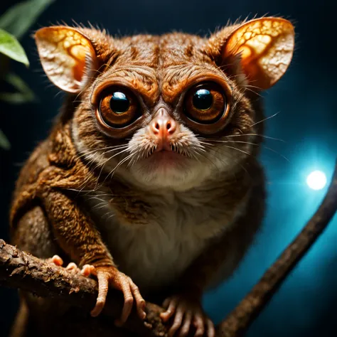 Tarsier with glowing eerie eyes and a intense beam of light coming from them, in alien style, masterpiece, best quality, background deep ocean