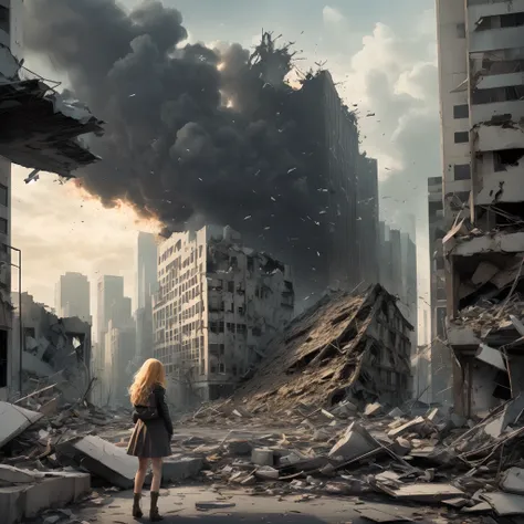 Aesthetic, book cover, destruction, city, nature, blond girl facing the destroyed city