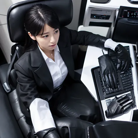 Upper body: Wearing a black business suit, Office in the Dark, facing a desk、While looking at the screen, tap the keys on the black laptop keyboard with the fingertips of the black leather gloves,Sitting on a large chair with a black leather backrest、 Blac...