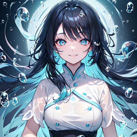 ((top-quality)), ((ultra-detailliert)), girl with, 独奏,(((Delicat eyes))),((Upper body only))、Black and light blue hair,evil smile,(((Lots of bubbles))), under the water, Air bubble,bright light blue eyes,Inner color with black hair and light blue tips、Hand...