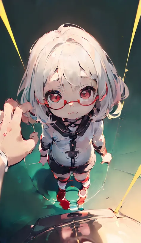 (loli girl, Baby face, child, short in stature:2.0),(Smooth skin:1.3), Detailed beautiful face,(tareme:1.5), (under-rim eyewear:1.6),(Red Eyes:1.5),(Big eyes:1.4), (Detailed beautiful eyes,),(Reflected Light:1.3),(blazing:1.2),(From  above,POV:1.8) BREAK