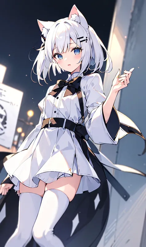 Masterpiece, Best quality, A high resolution, 1 Girl Risfield hair ornament, white color hair，short detailed hair，cat ear，校服：White jacket，longer sleeves，a black skirt，Thigh boots，Starting below, Hands in pockets