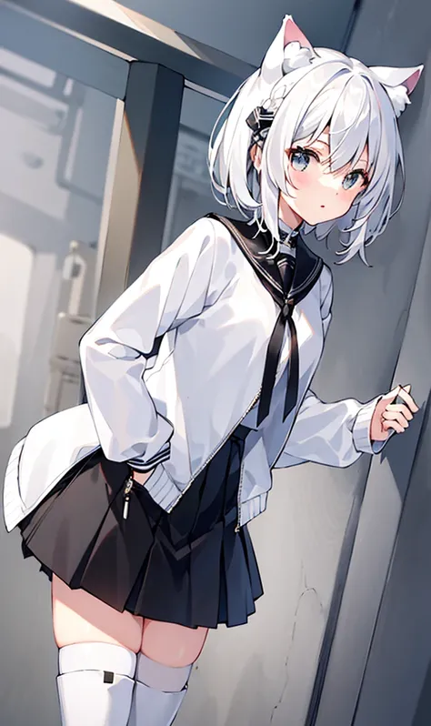 Masterpiece, Best quality, A high resolution, 1 Girl Risfield hair ornament, white color hair，short detailed hair，cat ear，校服：White jacket，longer sleeves，a black skirt，Thigh boots，Starting below, Hands in pockets