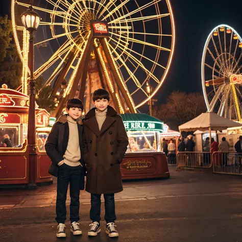 male child、10yaers old、short-haired、Brown hair、Winter clothes、Wearing trainers、Posing in front of the Ferris wheel at the amusement park、Diagonally to the right、Night shooting、Close to live-action