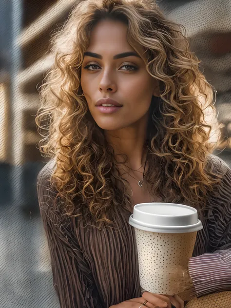 NFSW, Face portrait of a woman with long dark brown curly hair with blonde highlights, light brown skin and detailed seductive eyes, wearing social blouse, drinking coffee  with blurred background, best quality masterpiece, photorealistic, detailed, 8k, HD...