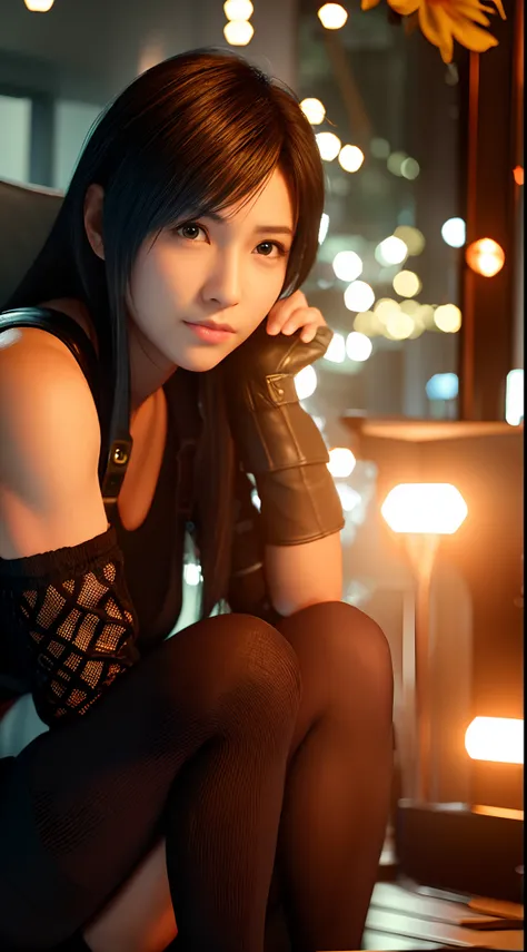 (8K, Best quality, Masterpiece:1.2), (Realistic, photo-realistic:1.37), Ultra-detailed, 《Final Fantasy VII Remake》Detailed portrait of Zhongtifa Lockhart，Sit in a fine café in the middle of the cityscape on a date, Looks cute and alone，There are beautiful ...