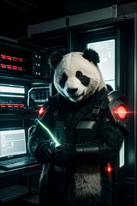 A giant panda wearing military tactical armor in a high-tech data center. The panda is skillfully hacking into the system using a laptop, connecting it with a network cable to the mainframe. The data center is filled with rows of towering server racks and ...