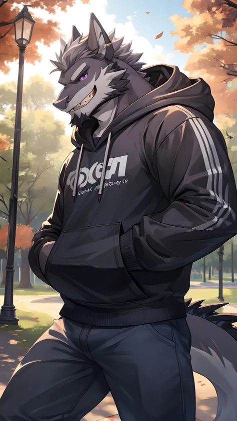 (masterpiece:1.2),cool pose,furry black dragon,strong and fit body,purple eyes,grey medium hair,grey facial hair,casual clothing,hoodie, fierce expression,good looking,slightly smiling showing teeth,park background