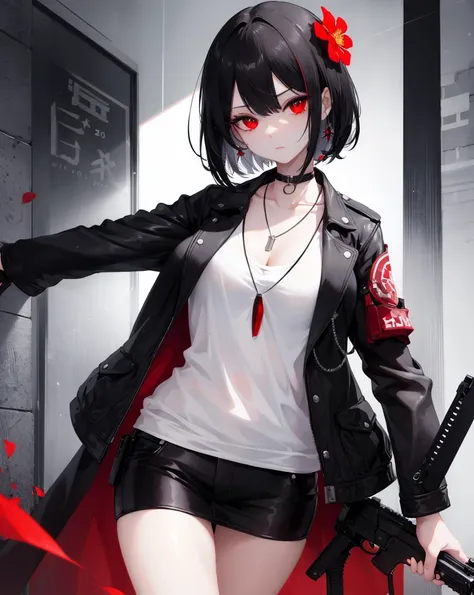 1girl, red eyes, black hair, weapon, gun, short hair, hair ornament, holding, holding weapon, looking at viewer, holding gun, solo, necklace, upper body, jacket, hair flower, jewelry, handgun, black jacket, closed mouth, aiming at viewer, long sleeves, flo...