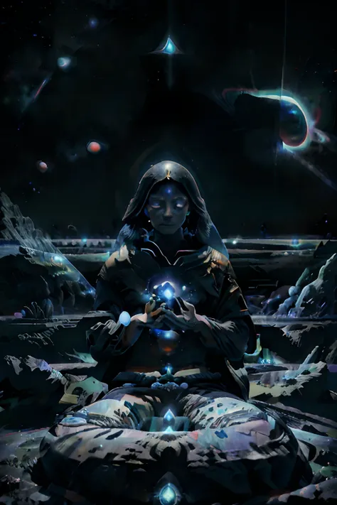 image of a man meditating in the middle of a galaxy, zen méditation cyberpunk,  arte psytrance, enlightenment tripping on dmt, d...