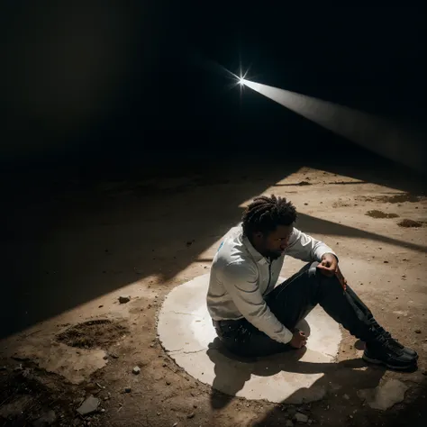 Aerial view shot of sad black man sitting on the ground, in a spotlight of white light shining on him from above, whole scene dark, black background except for the black man seated in the light circle, abstract art, spotlight shining a white light on the b...