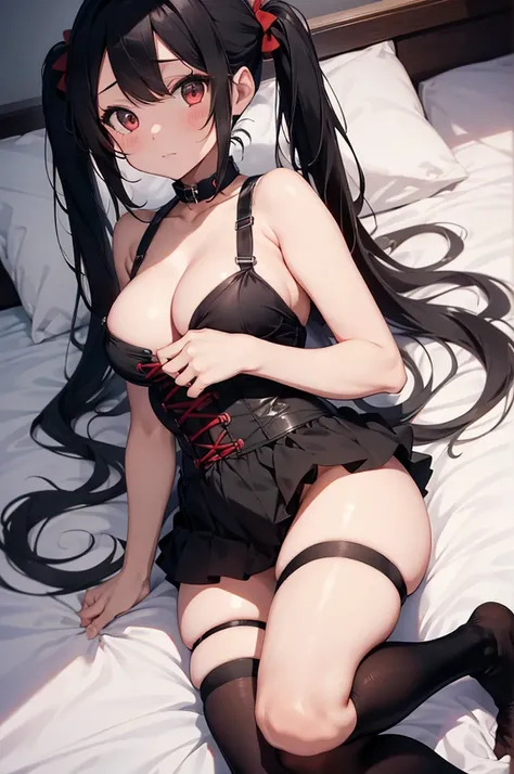 full body focus, feminine, best quality, 1 girl, long black hair in pigtails, looking at viewer, laying on a bed with red sheets, night, humongous breasts, thick thighs, wearing a tight corset with thigh high socks