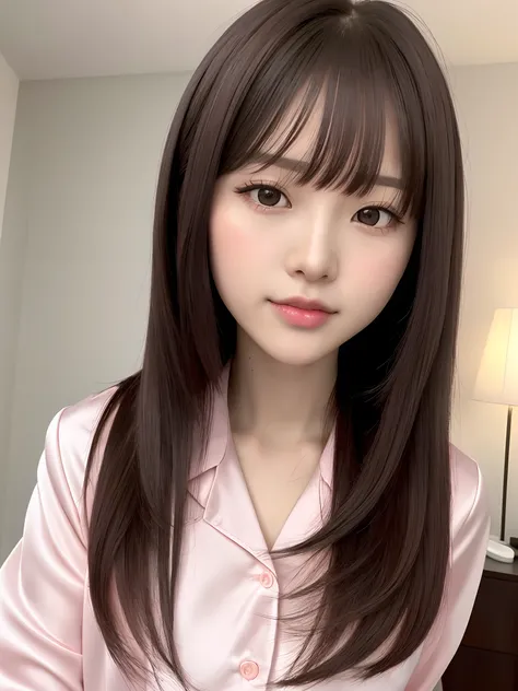 product quality, 1 girl per 1 photo, face closeup shot, front view, a Japanese young pretty girl, long bob hair, incoming kiss, closing eyes, in her room in the night, light pink collared satin pajamas, hyper cute face, glossy lips, double eyelids for both...