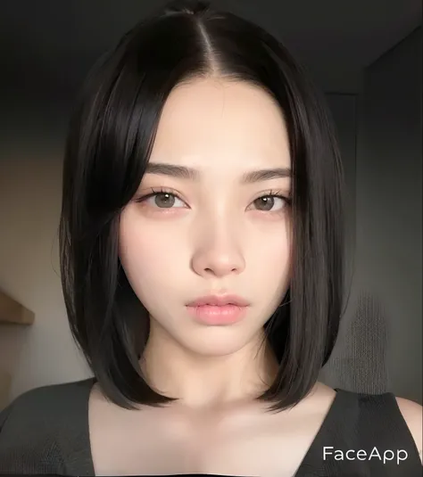 Un primer plano de una mujer con el pelo negro y una blusa negra, Korean symmetrical face, chica linda-fina-cara, Cara perfecta ), Cabello negro Hime cortado, south east asian with round face, cruel korean goth girl, con el pelo corto, linda-fina-cara, Lin...