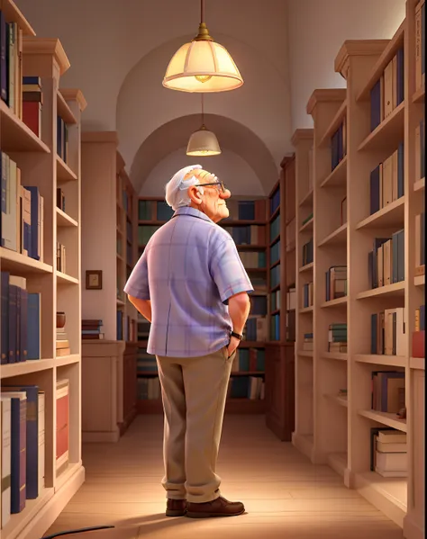 A wise old man standing in front, illuminated by the light of a lamp, against the backdrop of a library