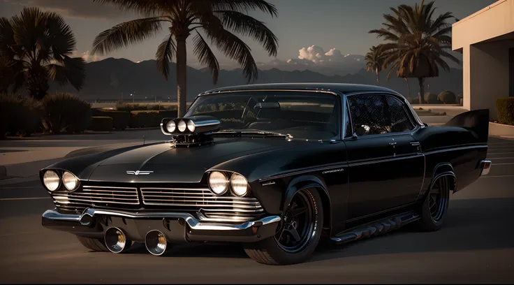 Imponente Preto Chrysler Christine Show Car, enormes rodas BBS, Ridiculously low posture parked near palm trees and beautiful mansions in sunny California