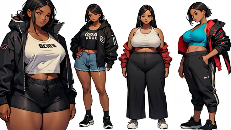 clothing design. black woman. fat. chubby. small breast. tank top. baggy crop top. jacket. comfy cloths. full body