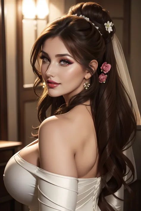 Lucy Pinder, face portrait, ((Very Intense Makeup)), ((Bright Lipstick)), smiling, long hair, brown hair, hair tied in chignon, Voluptuous Woman, off-shoulder dress, wedding dress, neckline, back , beautiful buttocks