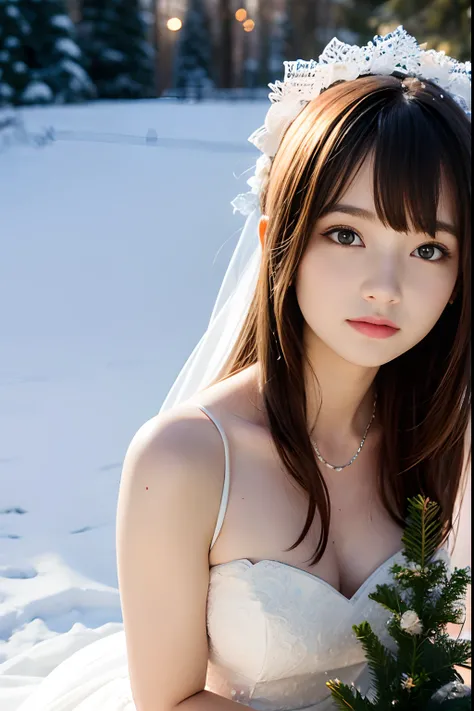 A girl,16 year old,pretty face,wedding dress,european countryside,blonde,bangs bangs,muscular arms,snow field and Xmas tree