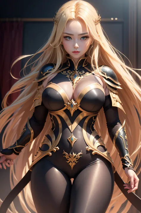 ((8K,High image quality High image quality、​masterpiece：1.4))、1、Long Blonde Hair、gradation hair、Super Beautiful Demon Hunter、Beautiful expression、red-lips,beautidful eyes、Models with large breasts、Perfect face shape、Bright red sexy chest armor、Glossy black...