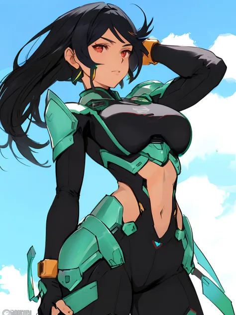 um close up de uma mulher com uma roupa preta e verde, ((rosto perfeito e detalhado)), cyber armor, anime garota do futuro, meni...