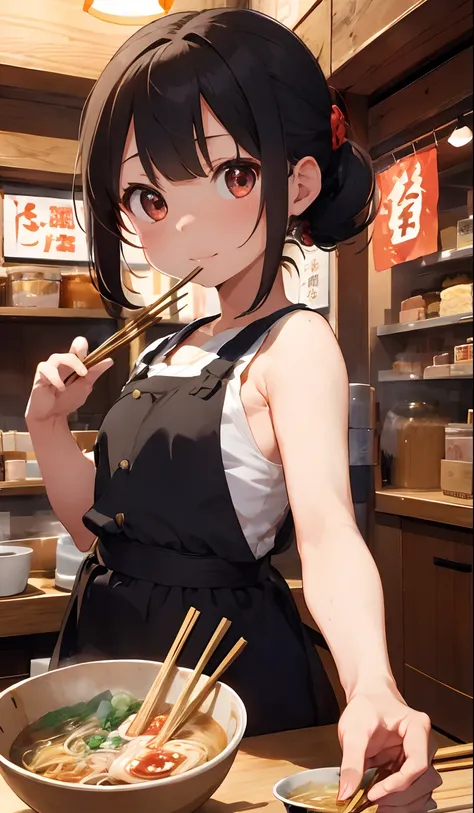 {Holding chopsticks}{ramen},{garments,sleeveless,}{girl1}{mouth-watering},Thin noodles, 4K picture quality, cinematic quality,Ramen shop,{10years old girl},{tiny body},{Gamine} Red-haired,cute little,